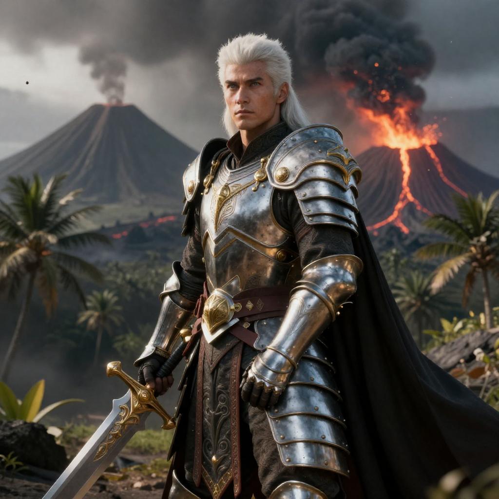 Fantasy Warrior in Ornate Armor with Erupting Volcano Background