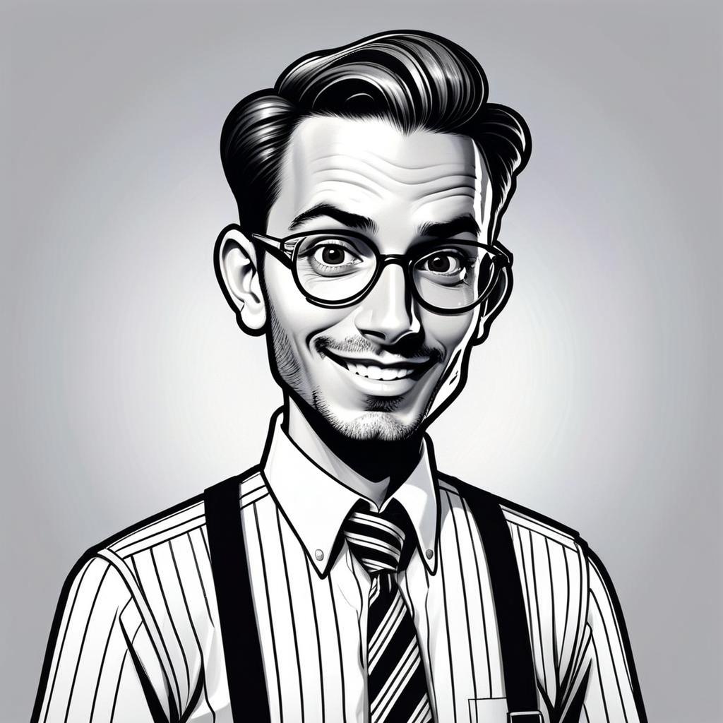 Black and White Caricature of Smiling Man in Striped Shirt and Glasses