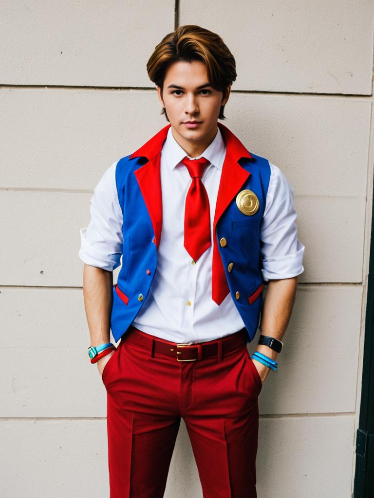 Apollo Justice Inspired Cosplay Portrait of Young Man in Blue and Red Outfit