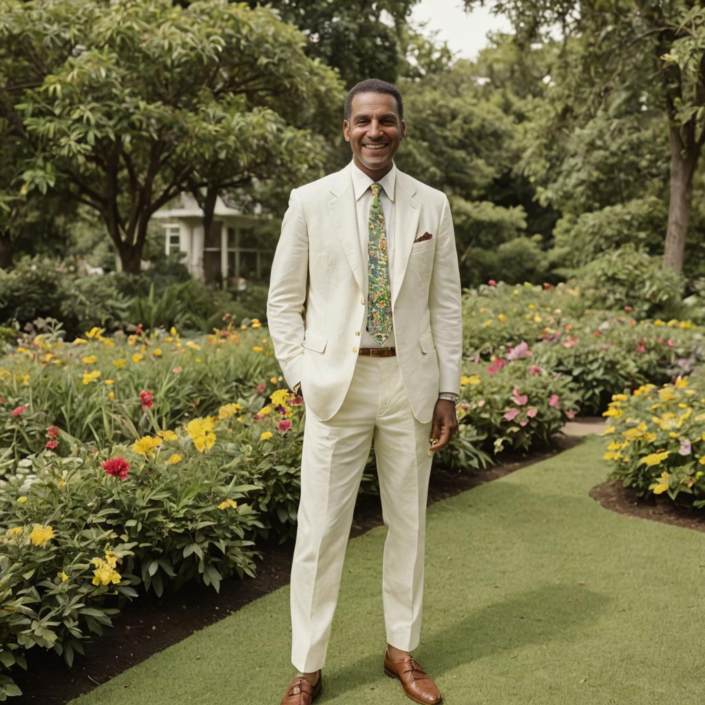 Man in Stylish Beige Suit in Lush Garden