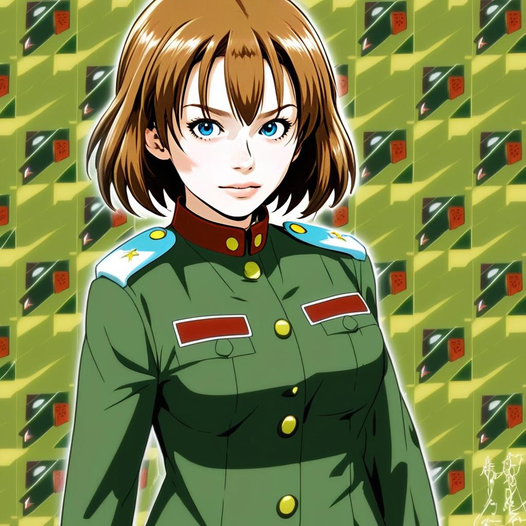 Anime Woman in Military Uniform with Blue Eyes and Brown Hair
