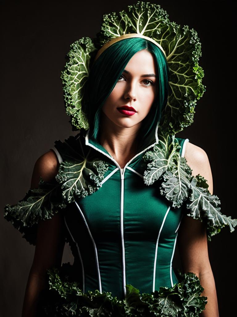 Realistic Kale Costume Cosplay Woman with Green Hair and Leaf Details