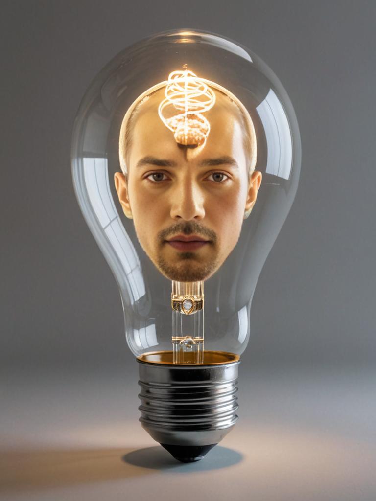 Man's Head in Lightbulb - Symbolizing Bright Ideas