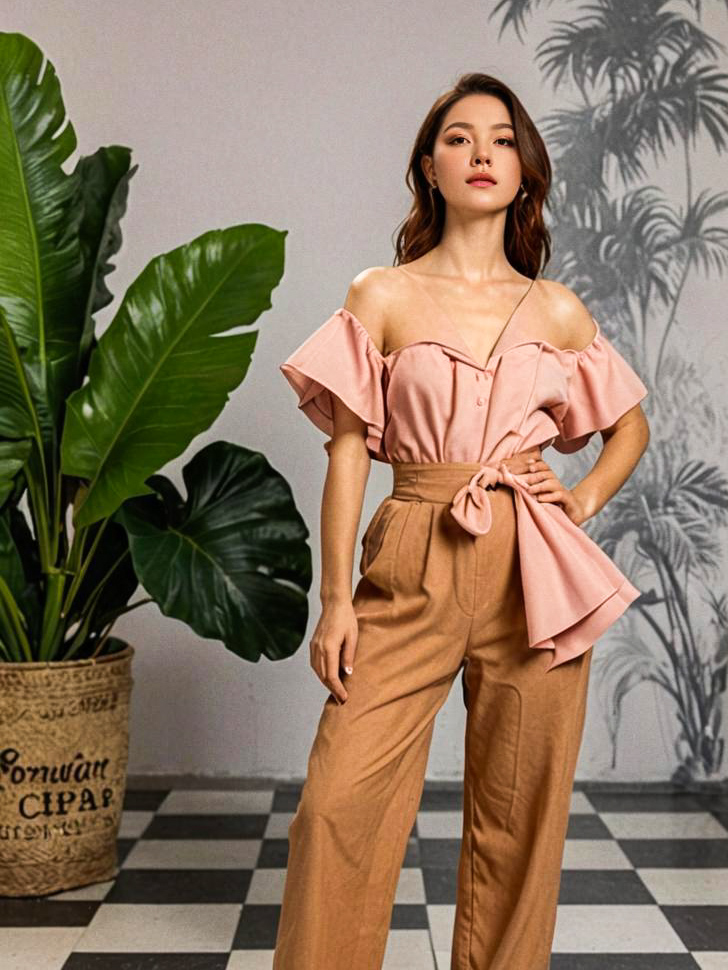 Stylish Woman in Off-Shoulder Pink Blouse and Brown Pants