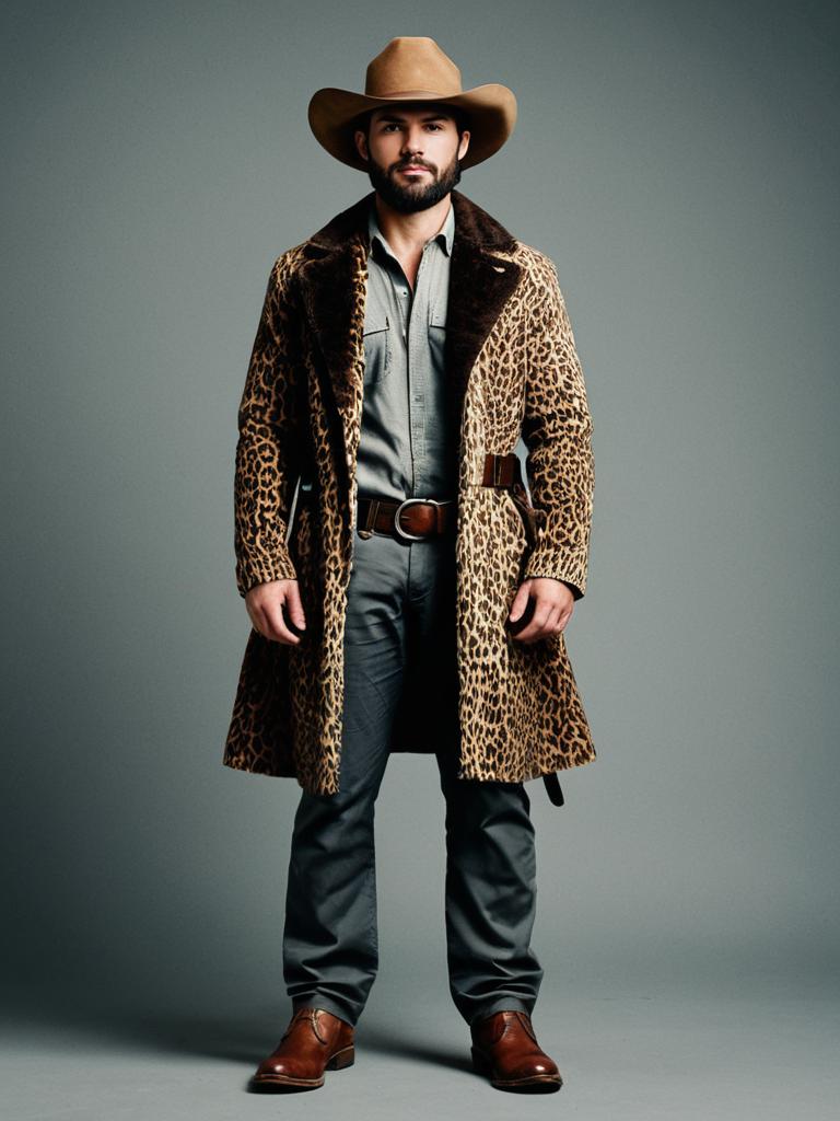 Man Wearing Leopard Print Fur Coat and Brown Hat in Jungle Book Inspired Style