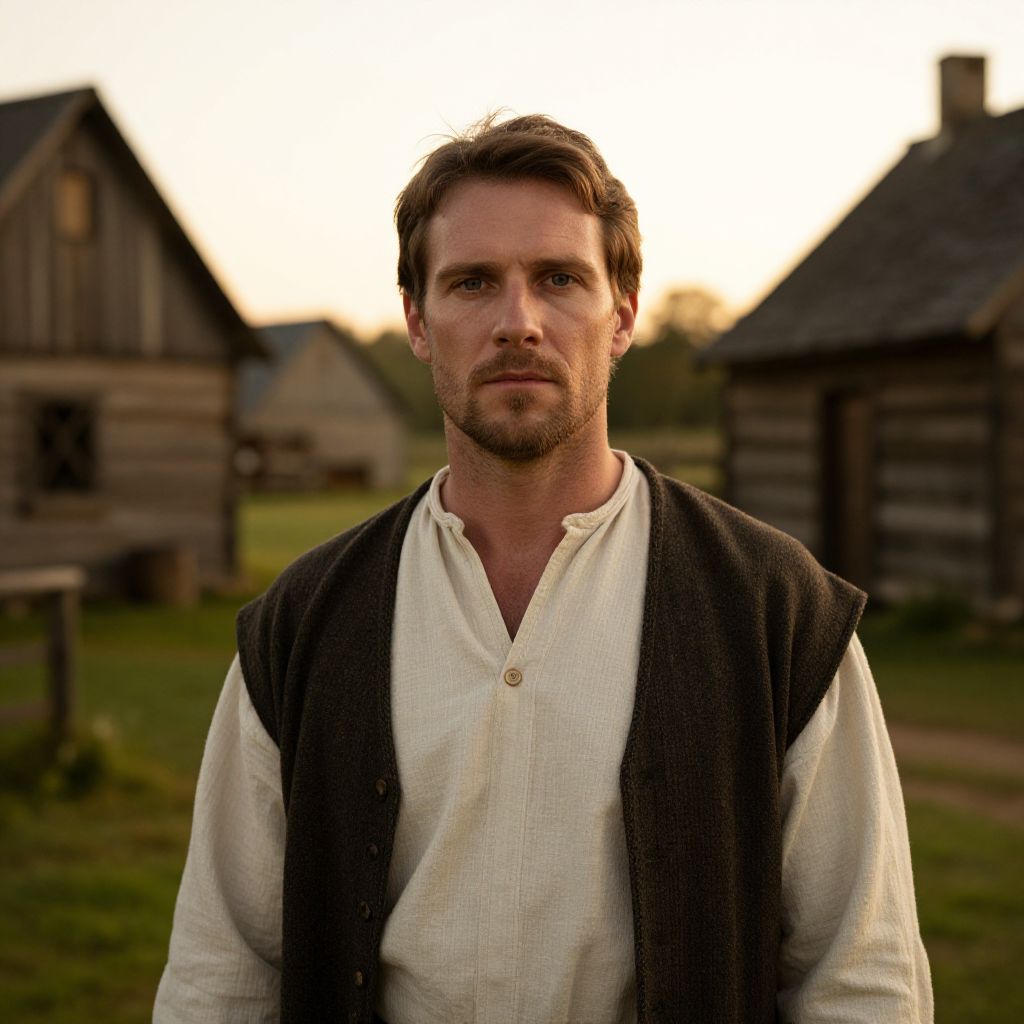 Man in 18th Century Frontier Clothing Standing in Rustic Village