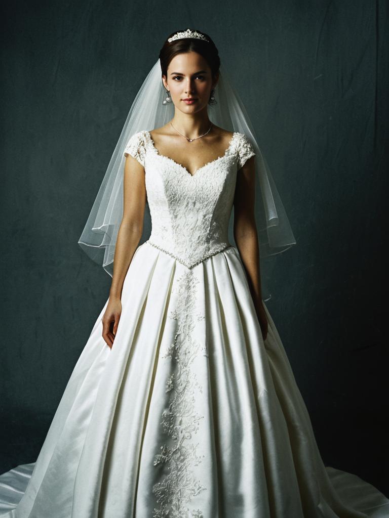 Photorealistic Portrait of Woman in Detailed Wedding Dress with Tiara and Veil