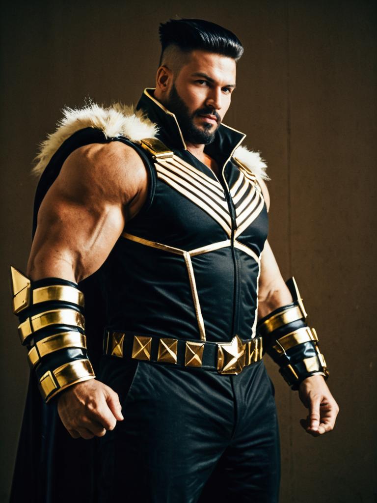 Muscular Man in Realistic Bryan Fury Costume Cosplay with Black and Gold Armor