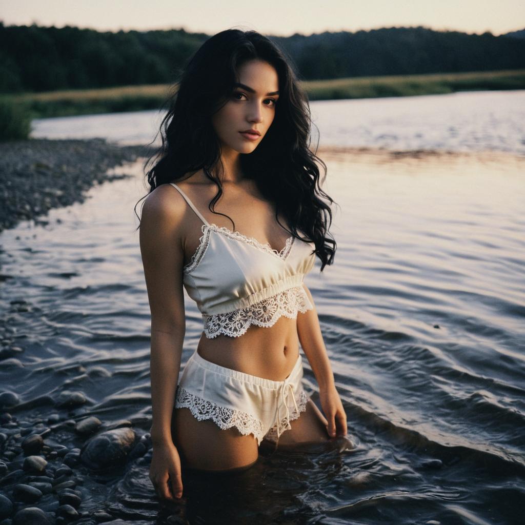 Woman in Lace Silk Lingerie Standing in Lake at Dusk
