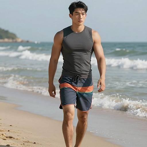 Young Man Walking on Beach in Swim Shorts and Tank Top