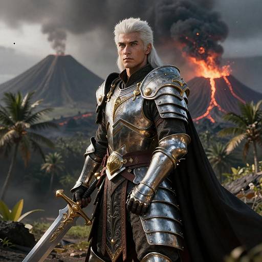 Fantasy Warrior in Ornate Armor with Erupting Volcano Background