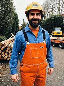 Man Wearing Orange Bob the Builder Costume with Yellow Helmet on Construction Site