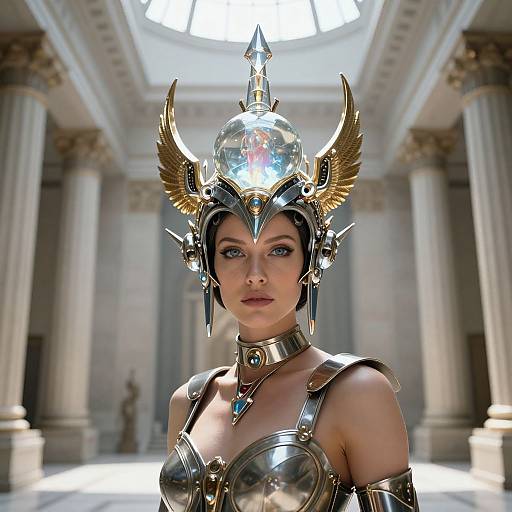 Futuristic Woman Wearing Ornate Metallic Helmet and Armor in Classical Hall