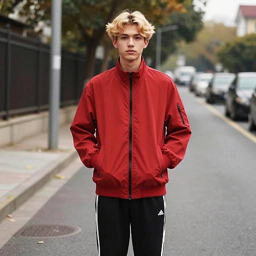 Young Man in Red Jacket and Black Adidas Track Pants on Urban Street