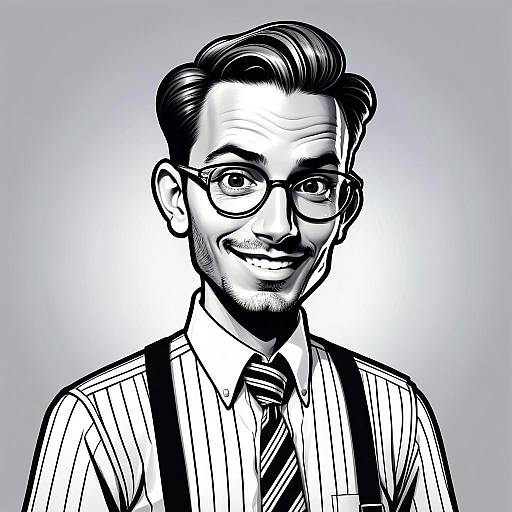 Black and White Caricature of Smiling Man in Striped Shirt and Glasses