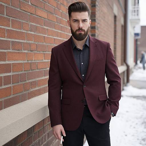 Stylish Man Wearing Maroon Blazer Standing Outside in Snow Urban Setting