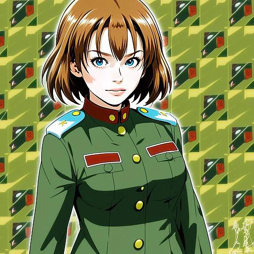 Anime Woman in Military Uniform with Blue Eyes and Brown Hair