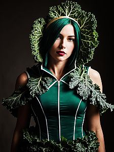 Realistic Kale Costume Cosplay Woman with Green Hair and Leaf Details