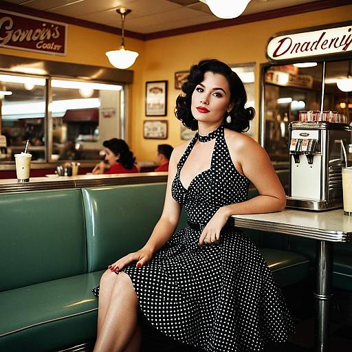 Vintage 1950s Woman in Polka Dot Dress Sitting in Retro Diner Booth