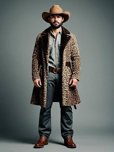 Man Wearing Leopard Print Fur Coat and Brown Hat in Jungle Book Inspired Style