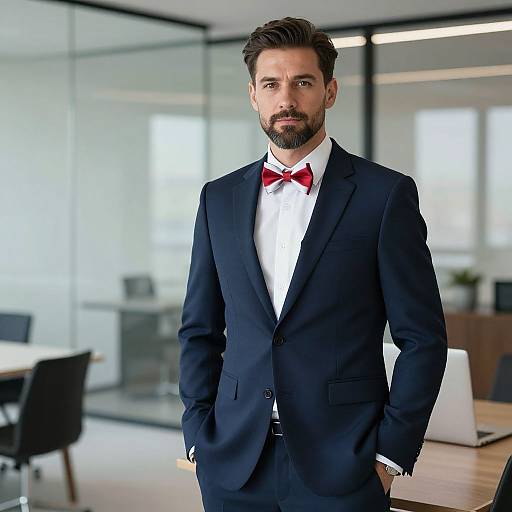 Professional Man in Navy Suit with Red Bow Tie in Modern Office