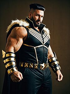 Muscular Man in Realistic Bryan Fury Costume Cosplay with Black and Gold Armor