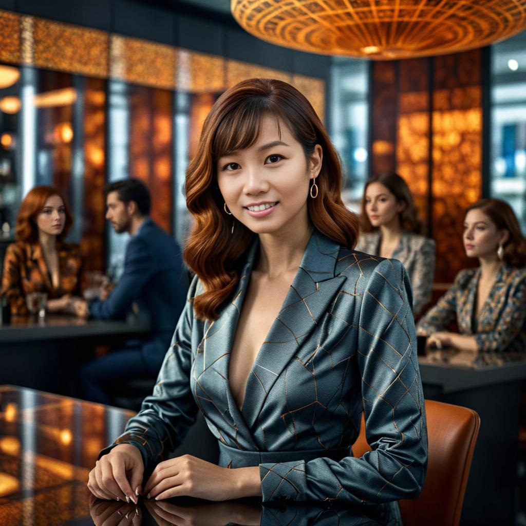 Stylish Woman in Teal Blazer at Luxury Bar