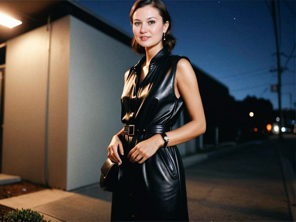 Confident Woman in Black Leather Dress