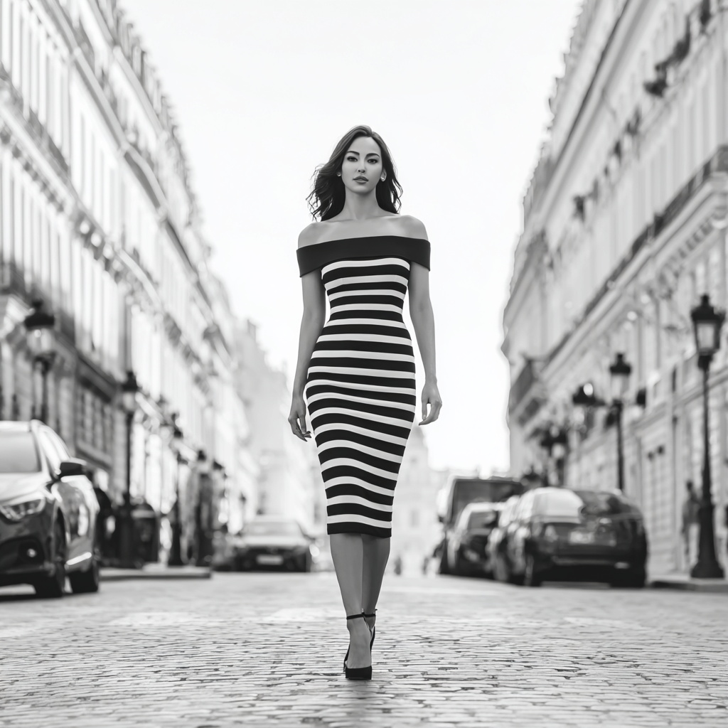 Stylish Woman in Striped Dress on Urban Street
