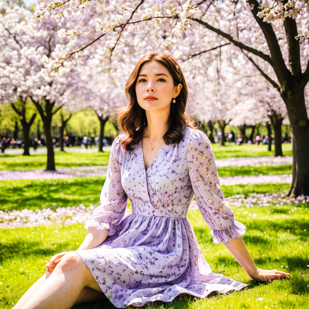 Woman in Lavender Dress among Cherry Blossoms