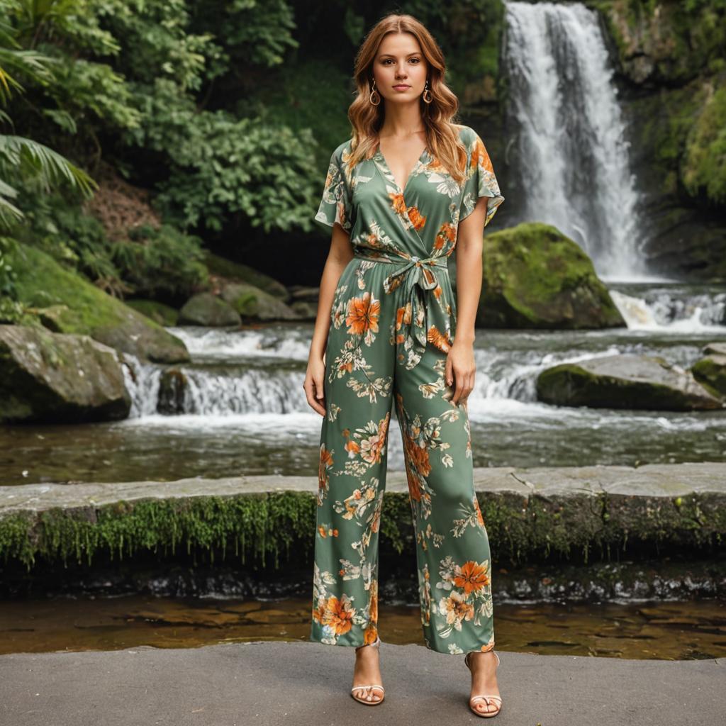 Woman in Floral Jumpsuit by Waterfall