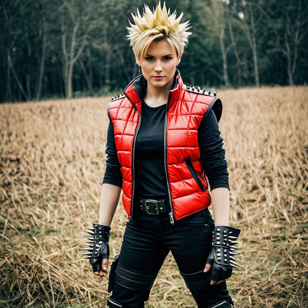 Edgy Woman in Red Quilted Vest and Spiked Gloves in Outdoor Field