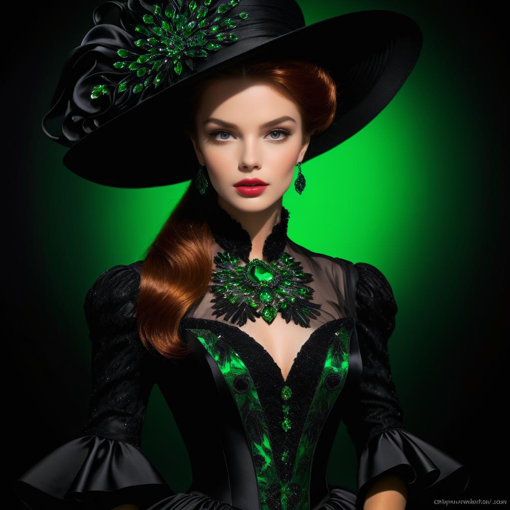 Elegant Woman in Black and Green Gown with Dramatic Hat