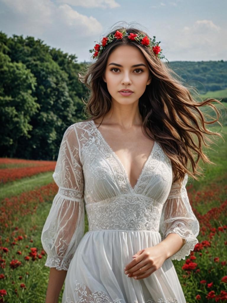 Bohemian Woman in Lace Dress in Lush Field