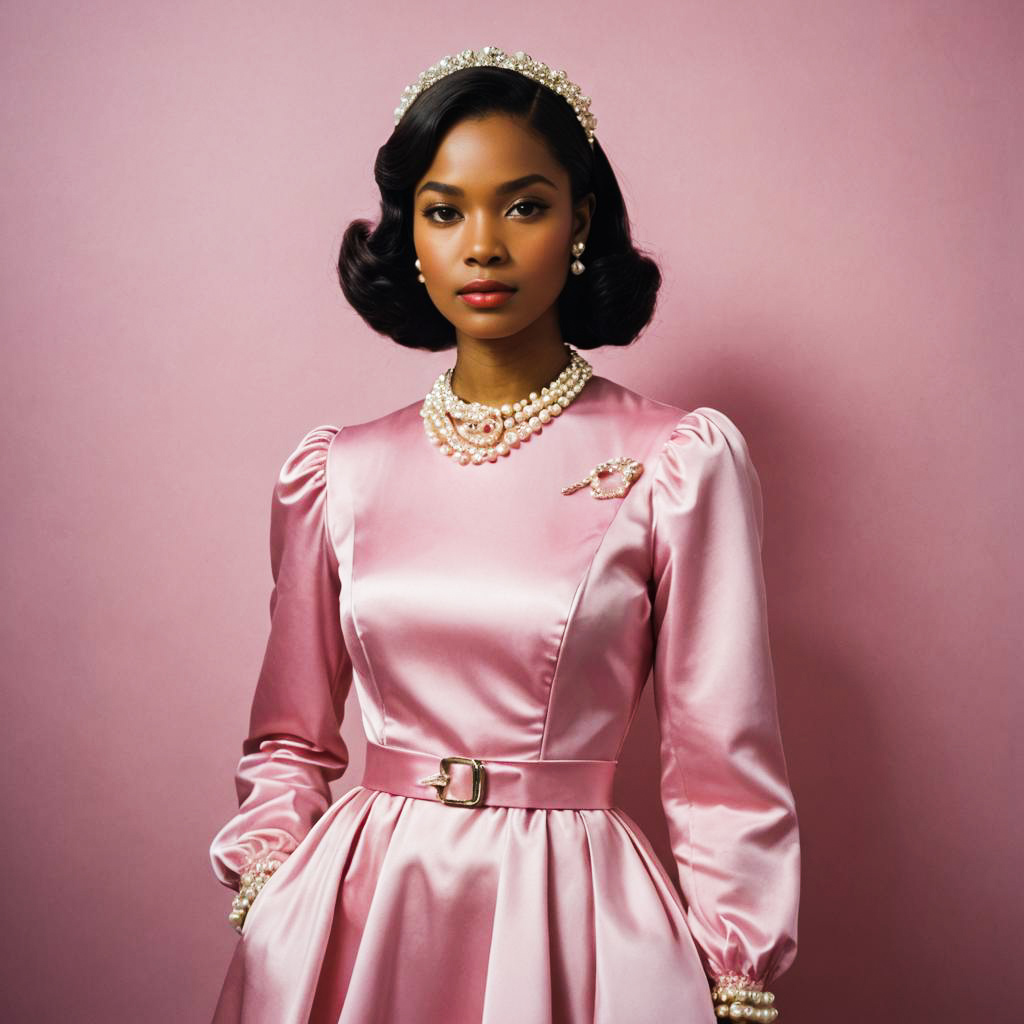 Elegant Woman in Pink Satin Gown with Pearls