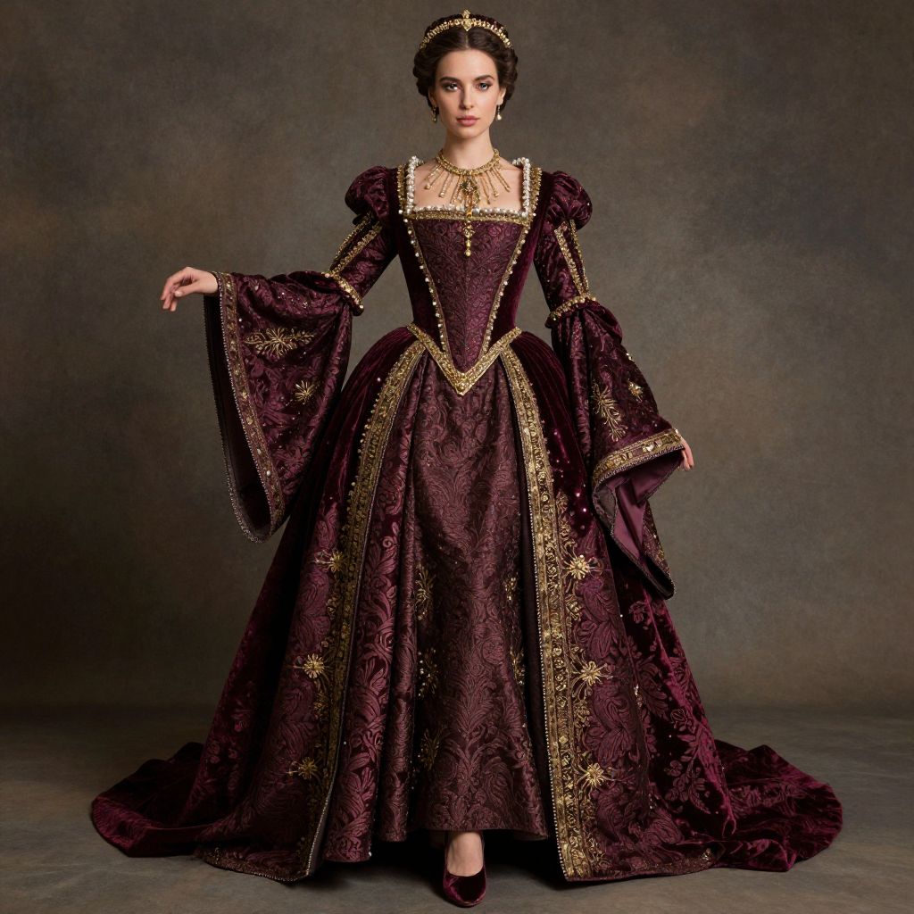 Renaissance Style Burgundy Velvet Gown with Gold Embroidery and Pearl Accents