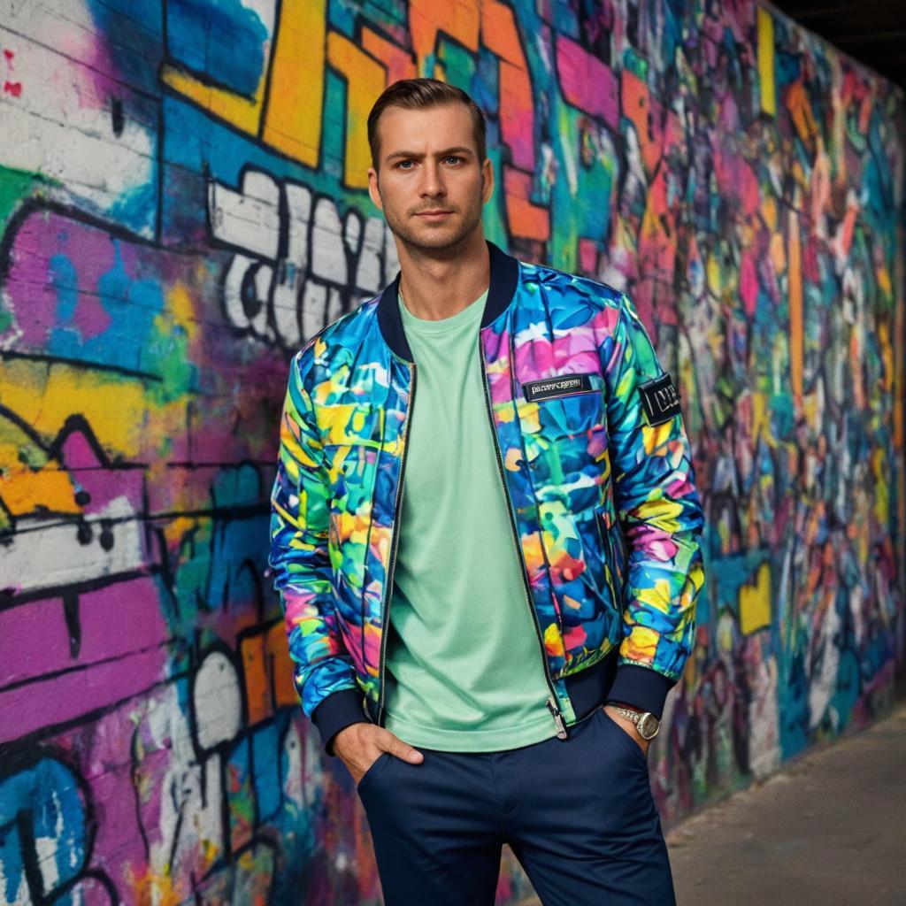 Stylish Man in Colorful Streetwear Against Graffiti