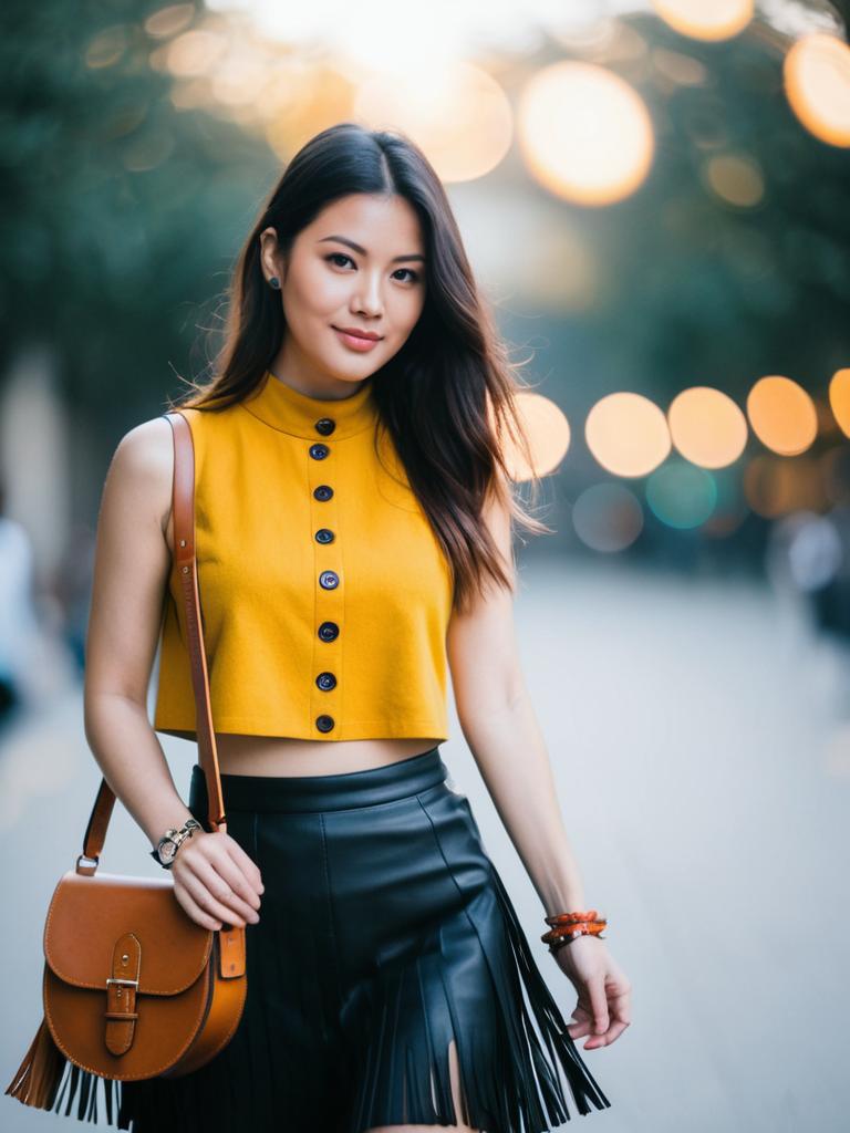 Woman in Modern Urban High-Neck Sleeveless Yellow Crop Top and Black Fringe Skirt