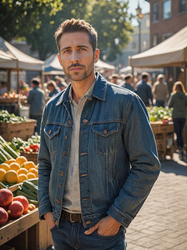 Confident Man in Denim Jacket at Bustling Market