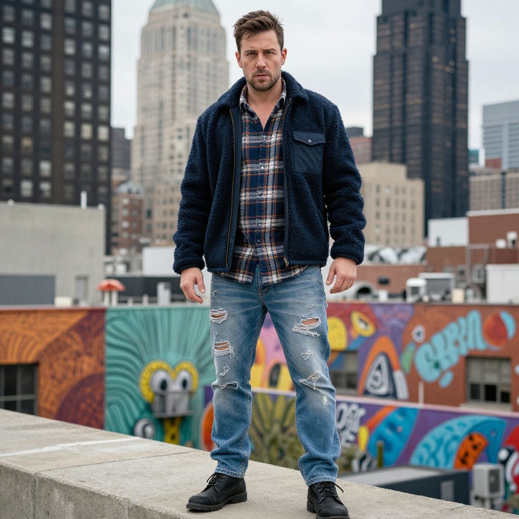 Man Wearing Navy Fleece Jacket and Distressed Jeans on Urban Rooftop