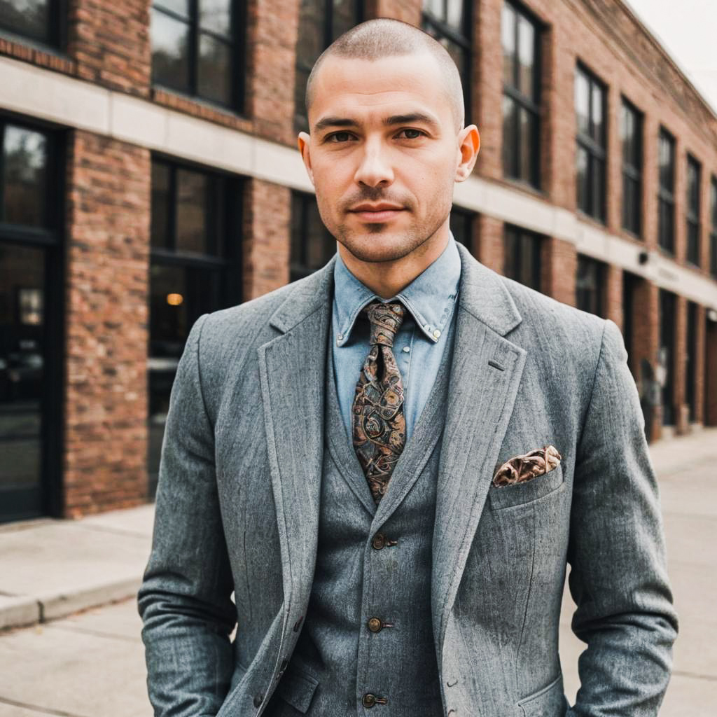 Stylish Man in Gray Suit with Urban Backdrop