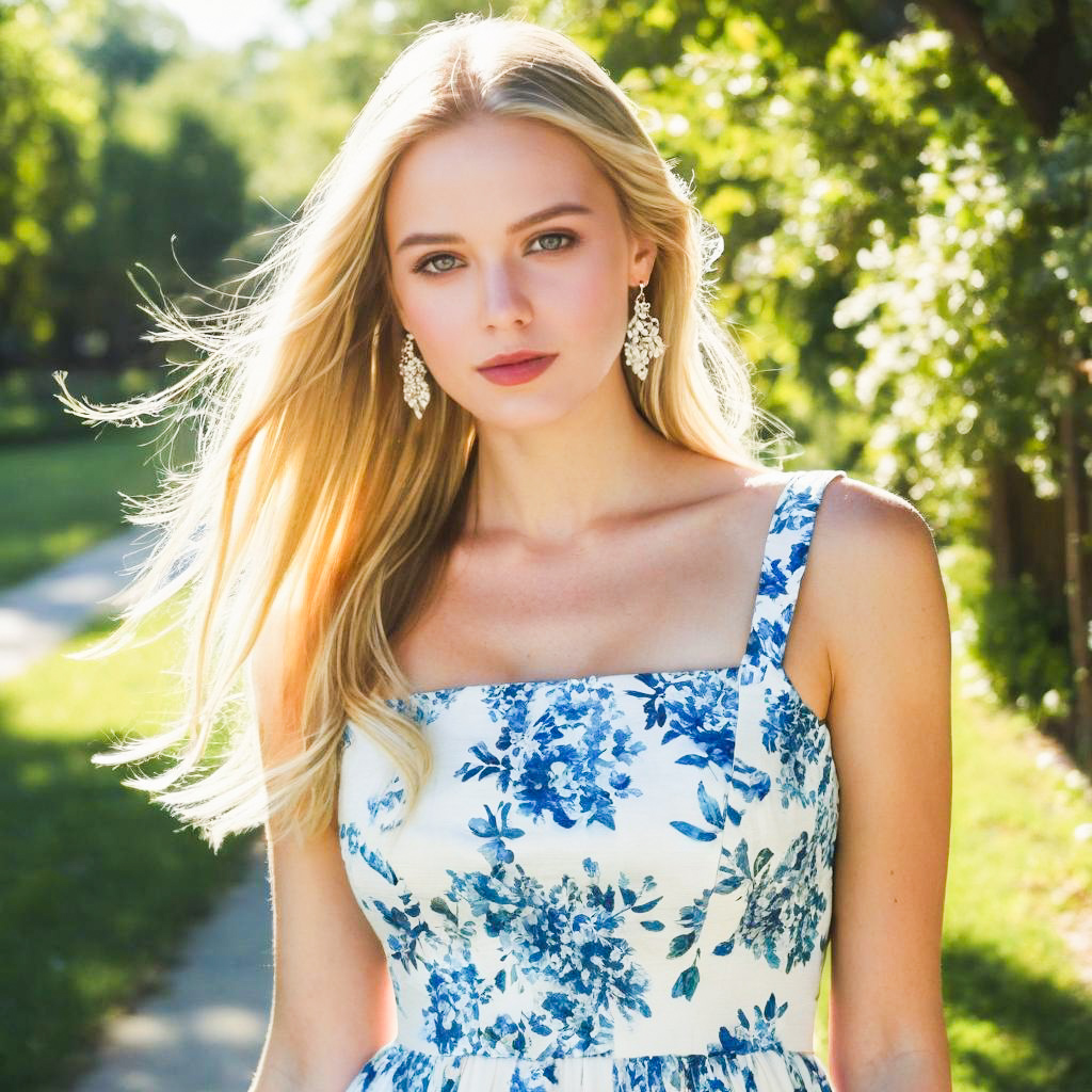 Young Woman in Floral Dress Outdoors