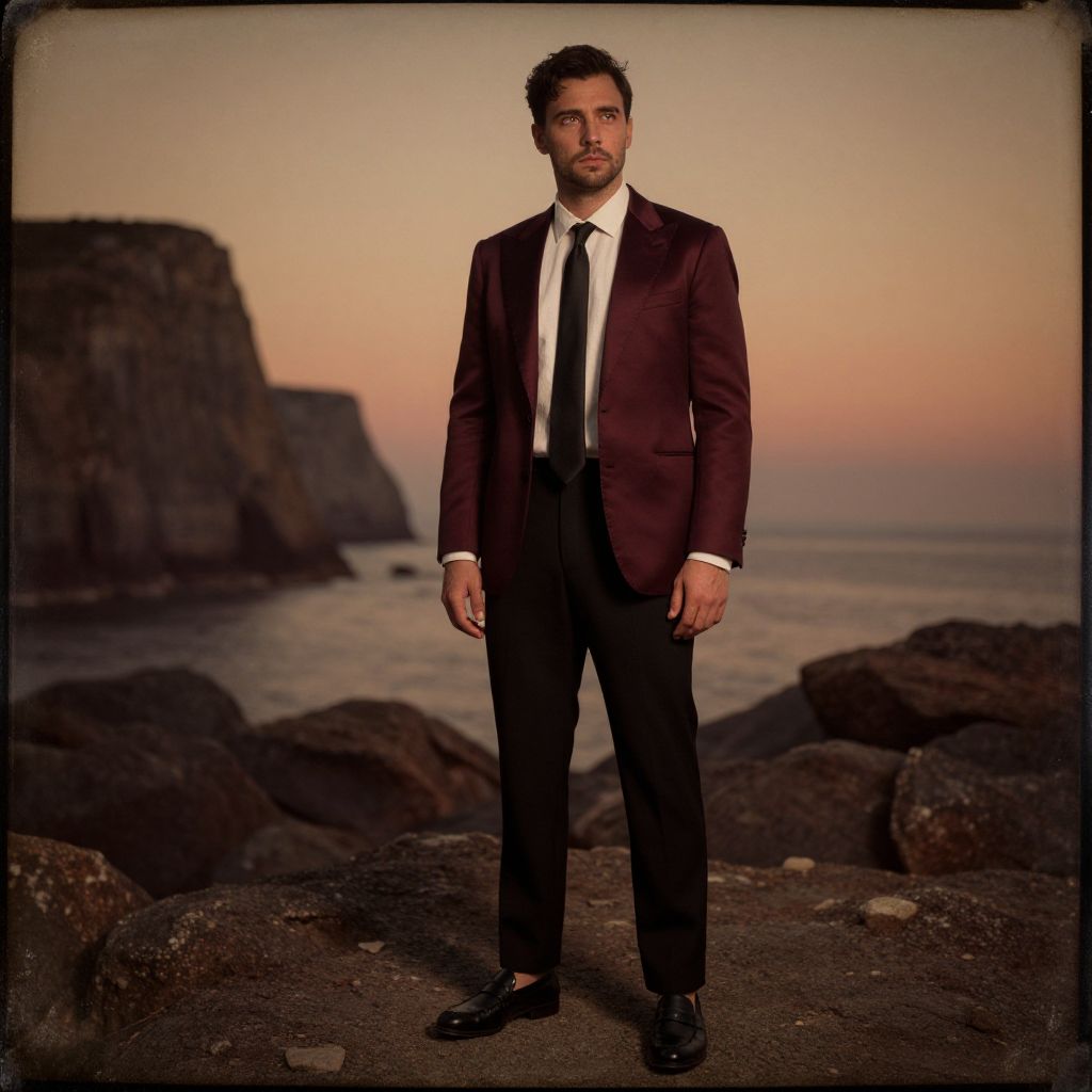 Stylish Man in Burgundy Blazer Standing by Rocky Sea at Sunset