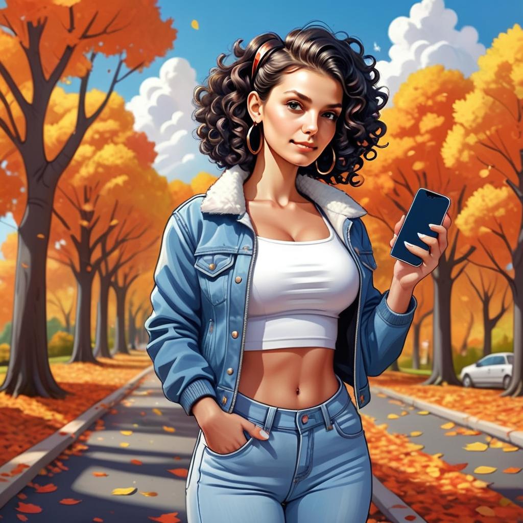 Stylish Woman in Denim Jacket on Autumn Street Digital Illustration