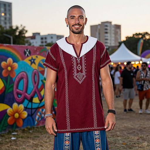 Man in Traditional Embroidered Tunic at Outdoor Festival