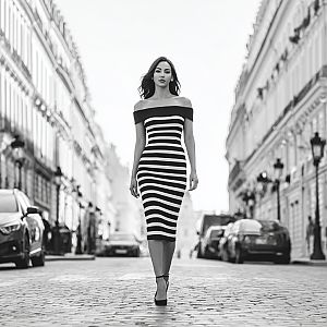 Stylish Woman in Striped Dress on Urban Street