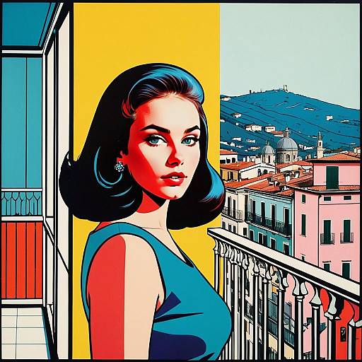 Pop Art Woman on Balcony Overlooking Vibrant Cityscape