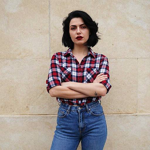 Confident Woman in Red Plaid Shirt and Denim Jeans Against Stone Wall