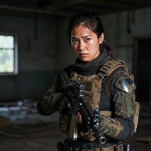 Determined Woman Soldier in Tactical Gear Holding Rifle in Abandoned Building