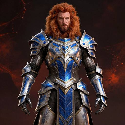 Medieval Warrior in Blue and Silver Armor with Fiery Red Hair